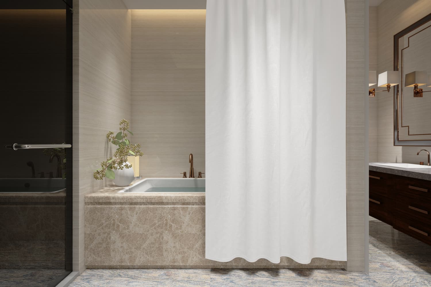 Bañera con cortina de baño.
